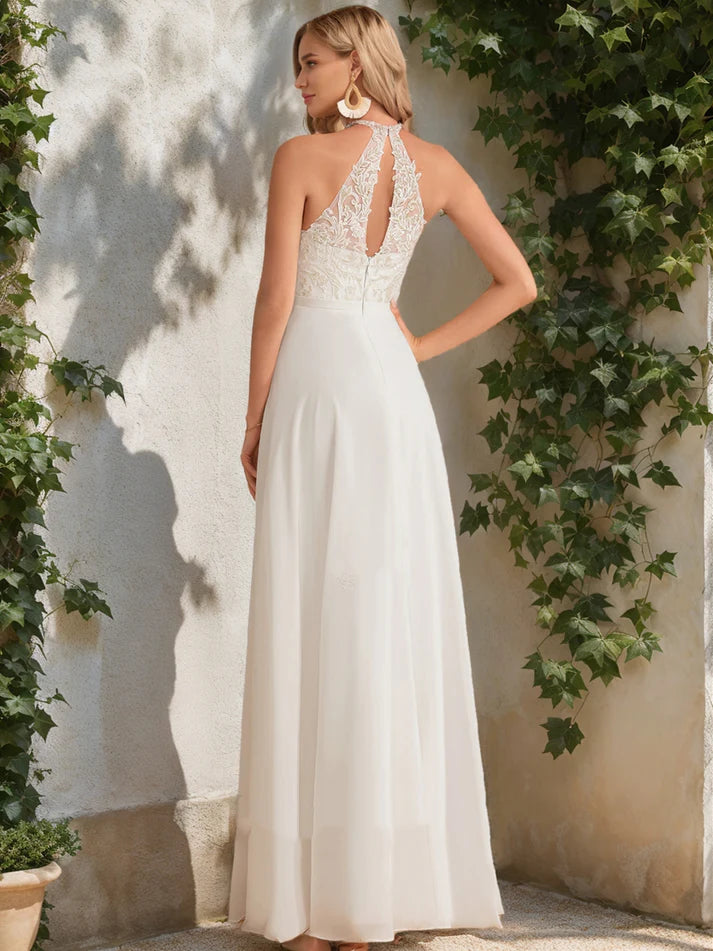 A-Line/Princess High Neck Sleeveless Sequins Retract Your Waist Wedding Dresses
